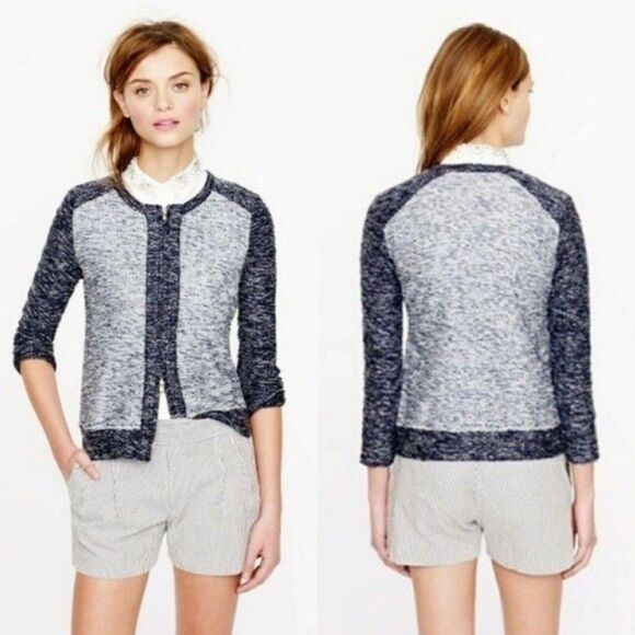 J. CREW BOUCLE SWEATER COLOR BLOCK TWEED ZIP BLUE LARGE FITS LIKE MEDIUM - Picture 2 of 6